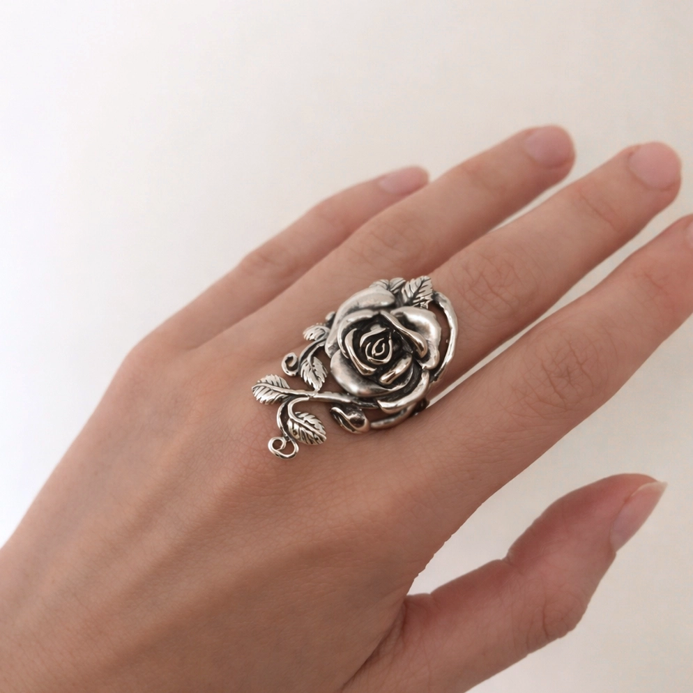 Roos ring met blad - 925 zilver - Afbeelding 2