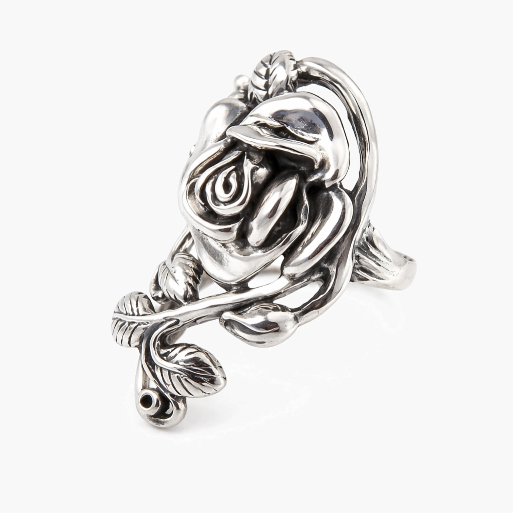Grote zilveren roos ring met blad - 925