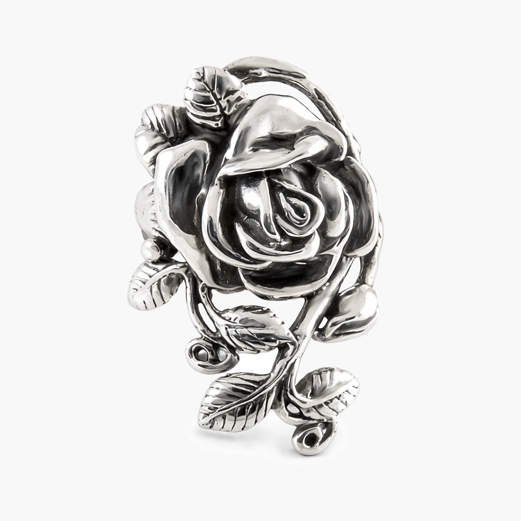 Grote zilveren roos ring met blad - 925 zilver
