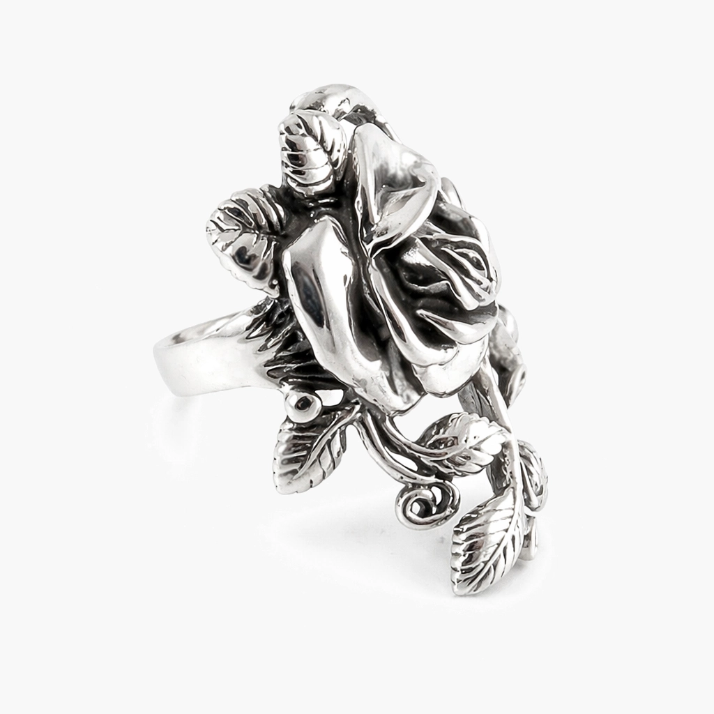 Zilveren roos ring met blad - zijkant
