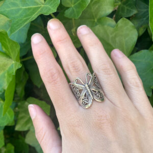 Zilveren vlinder ring aan