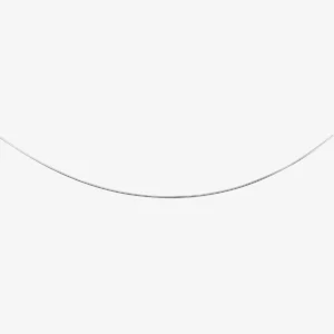 Zilveren omega ketting van 1 mm dikte, strak gepresenteerd in een ronde vorm
