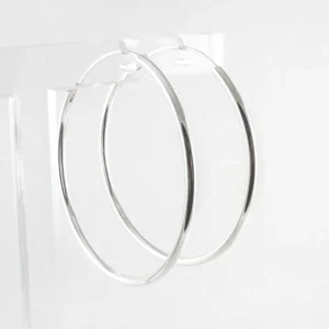 Ronde zilveren oorringen van 2 mm dik op lichtgrijze achtergrond met zichtbare sluiting