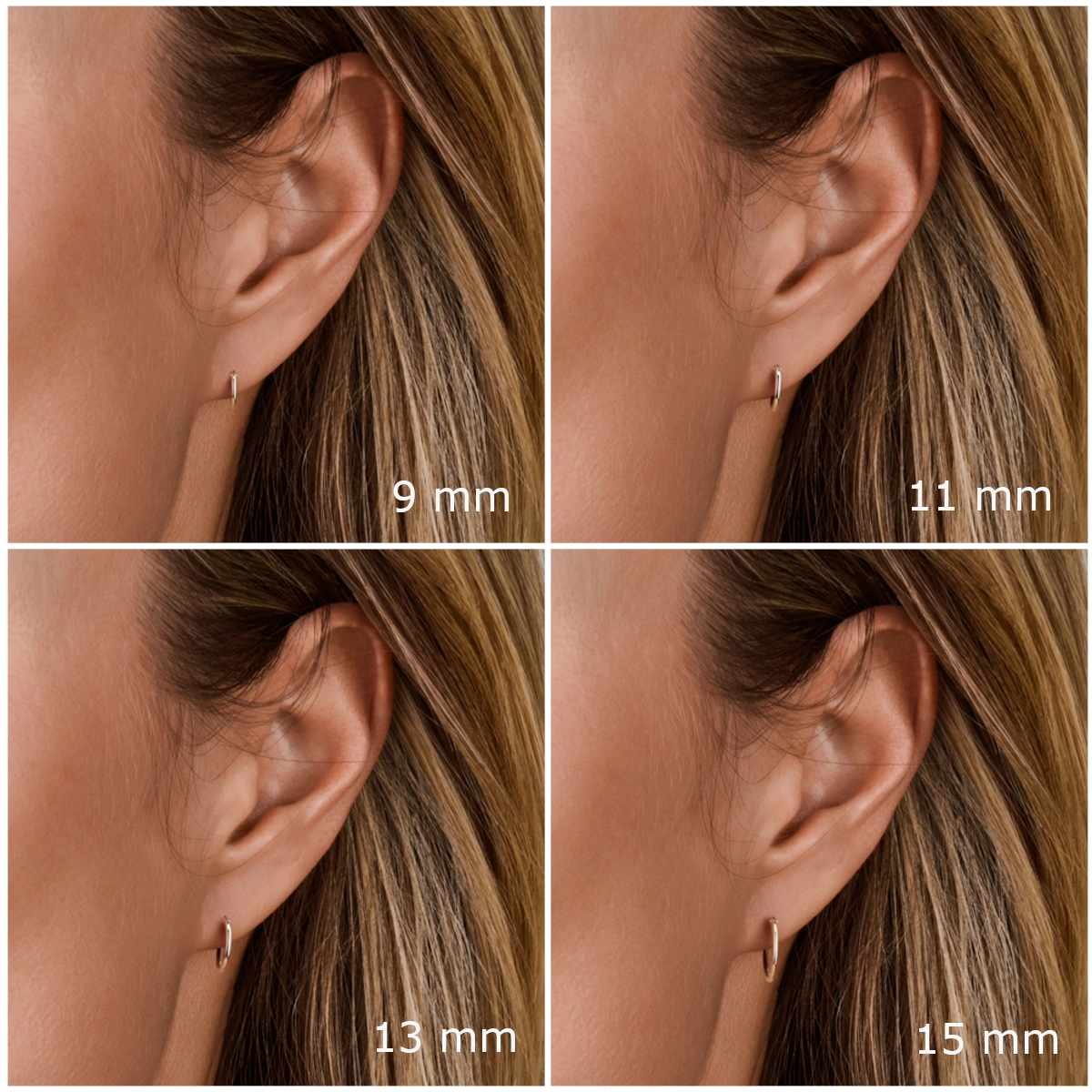 Maatvergelijking gerhodineerd zilveren oorringen mini: 9 mm, 11 mm, 13 mm en 15 mm