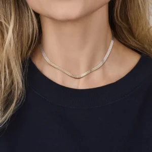 Zilveren dubbele gourmet ketting van 4,8 mm gedragen om de hals