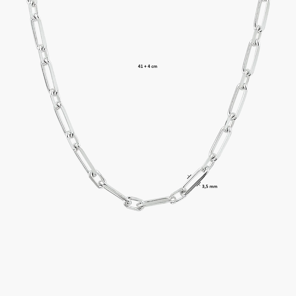 Afmetingen van de zilveren paperclip ketting met draaglengte 41 cm plus 4 cm verlengstuk