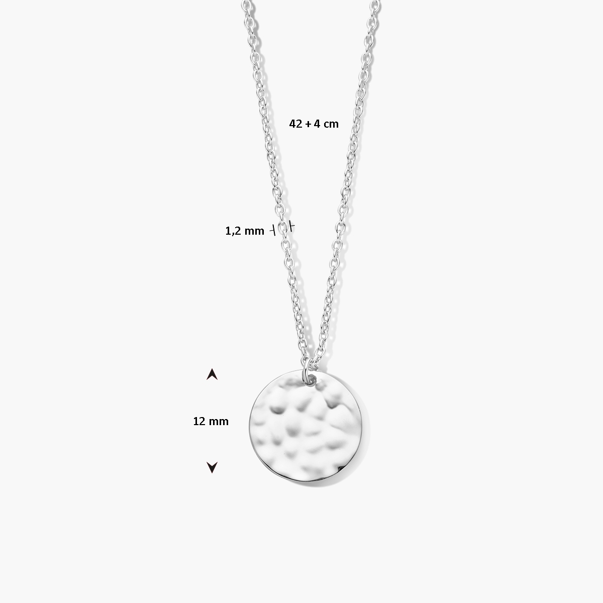 Gerhodineerde zilveren ketting met gehamerd rondje 12 mm - afmetingen