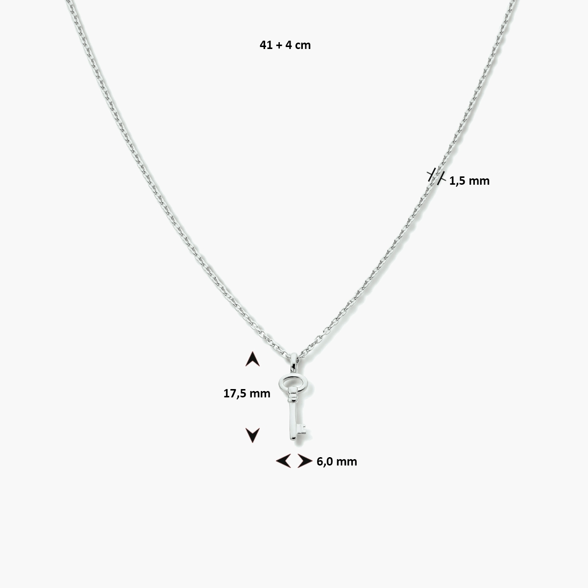 Gerhodineerde zilveren ketting met sleutel hanger 41 + 4 cm - afmetingen