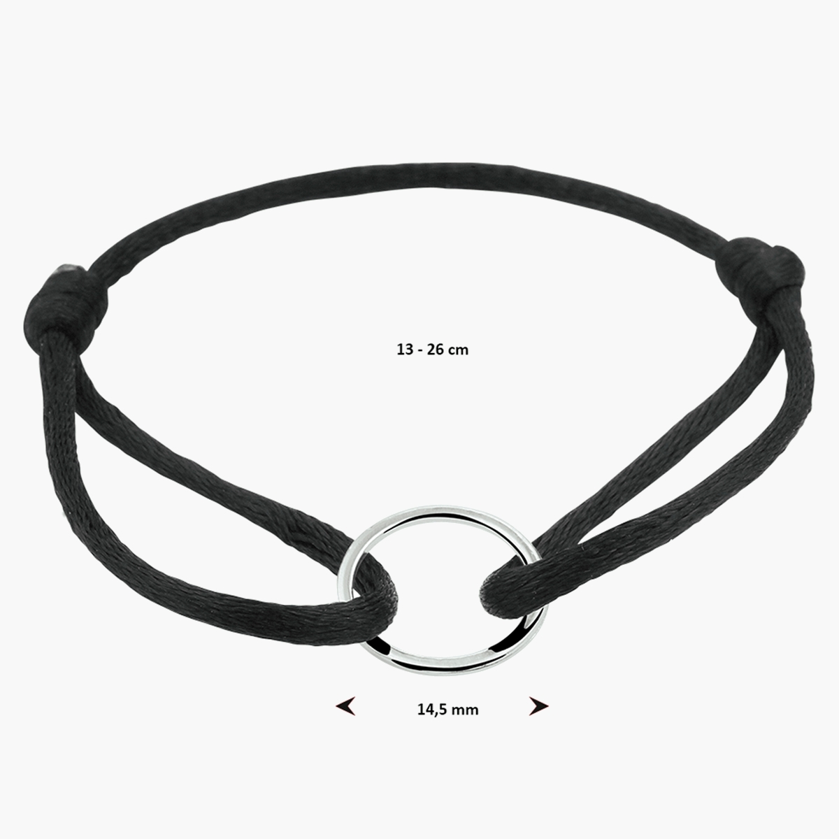 Zwarte satijnen armband rondje - afmetingen