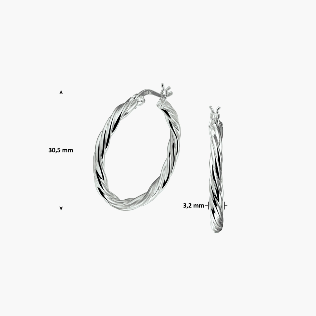 Gerhodineerde zilveren oorringen met gedraaide buis 30 x 3,2 mm - afmetingen
