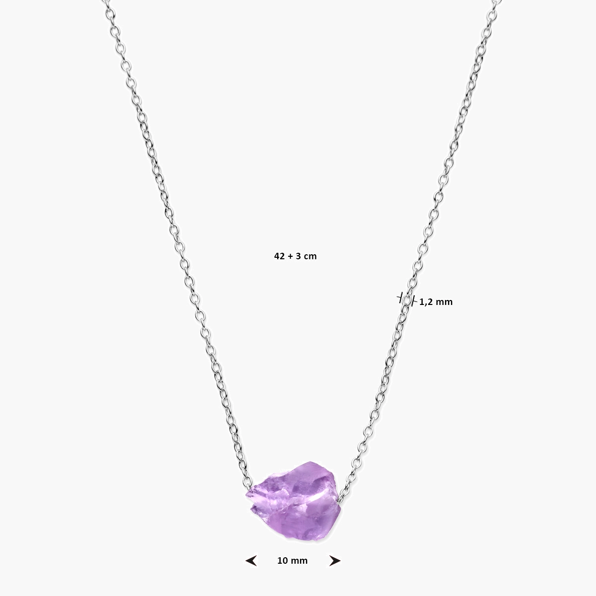 Gerhodineerd zilveren ketting met ruwe amethist - afmetingen