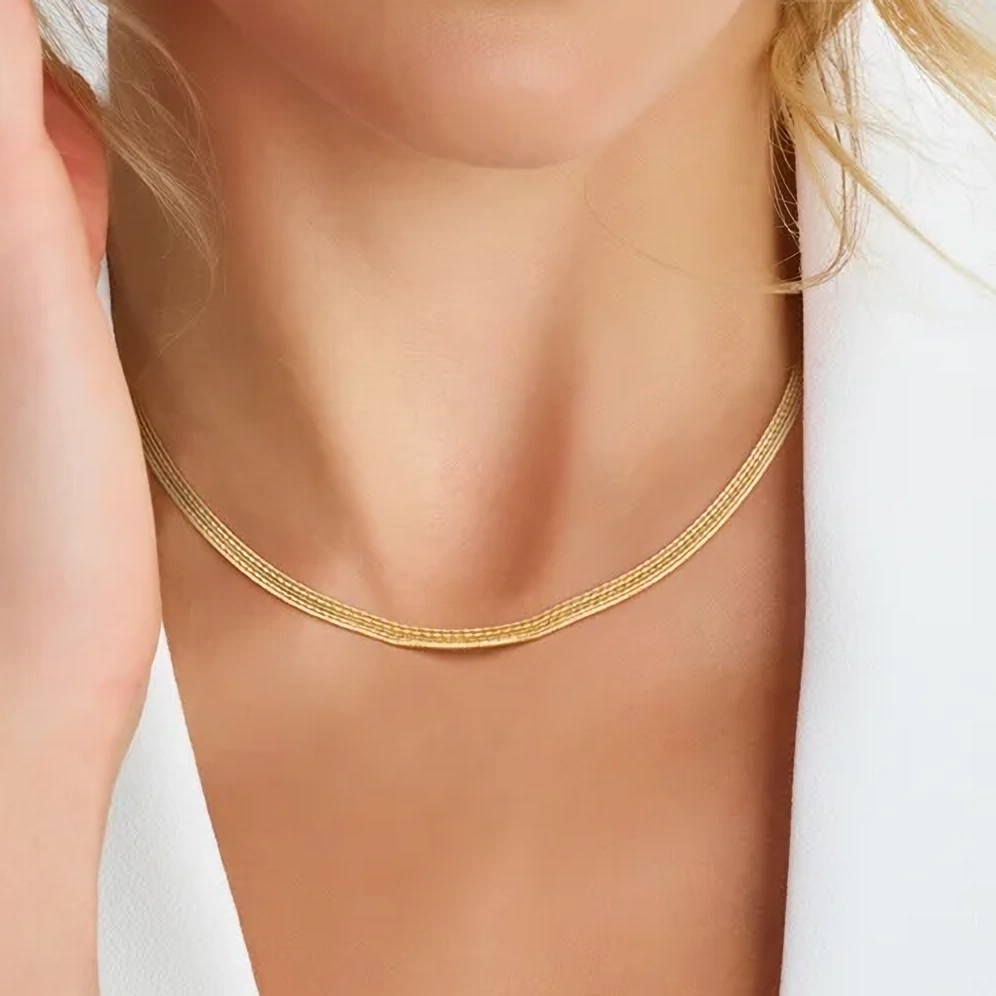 Verguld zilveren multi ketting met slang schakel - gedragen aan de hals