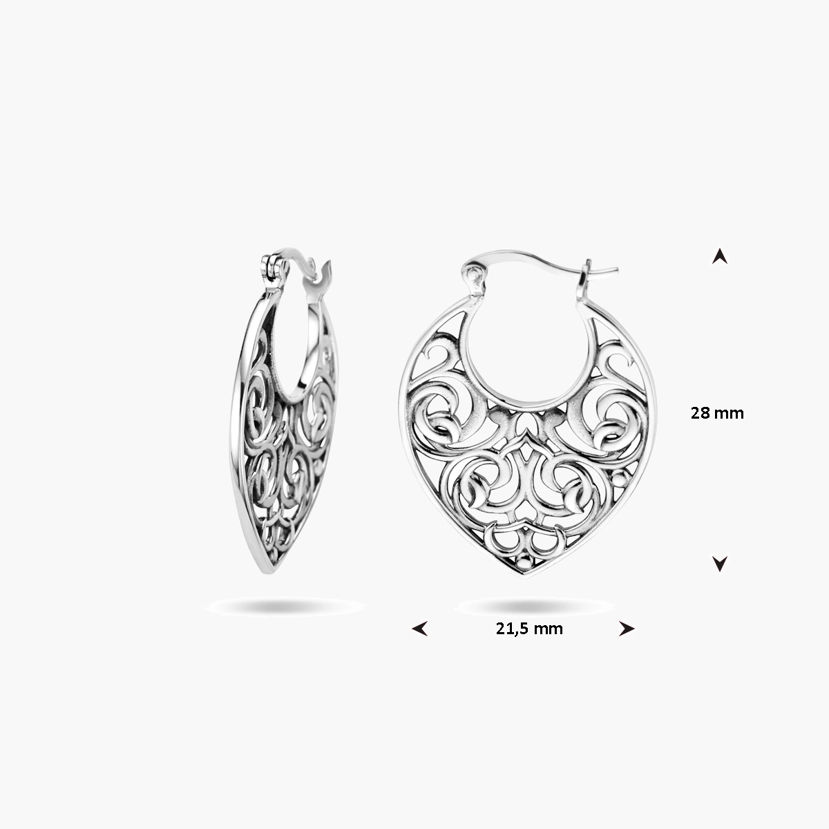 Platte opengewerkte Bali design oorringen met hefboomsluiting - gerhodineerd 925 zilver - afmetingen