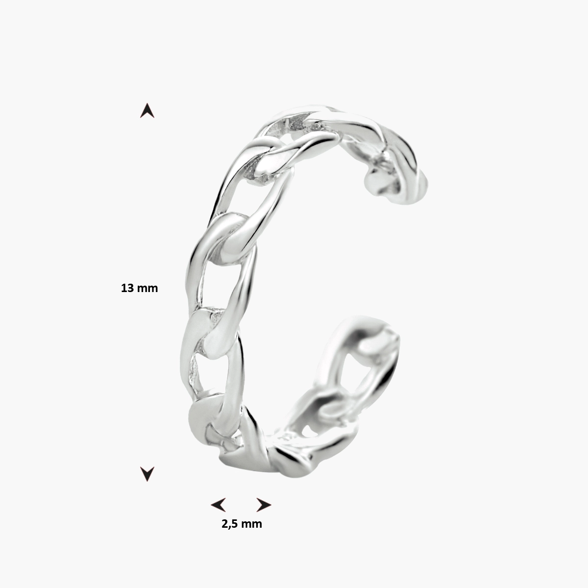 Gerhodineerd zilveren ear cuff met schakel - afmetingen