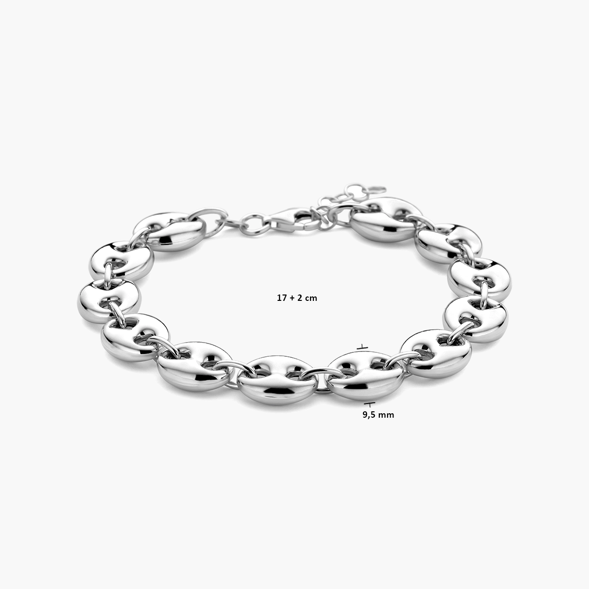 Gerhodineerd zilveren armband koffieboon - afmetingen