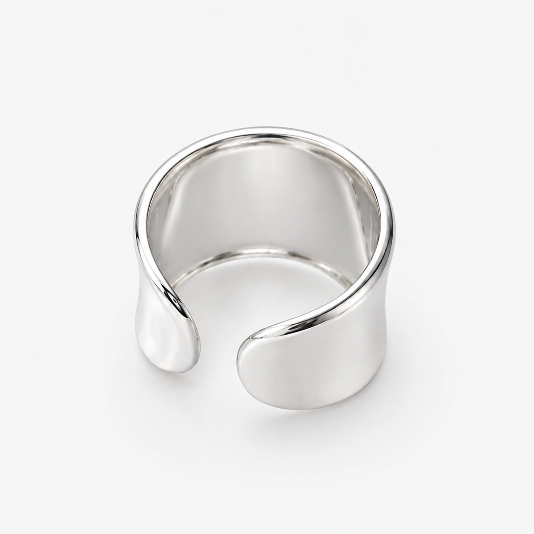 Brede gladde zilveren cuff ring - open achterkant