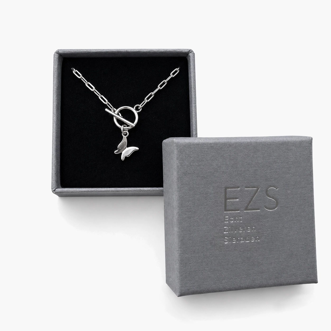 Zilveren ketting paperclip met vlinder bedeltje - sieradendoosje