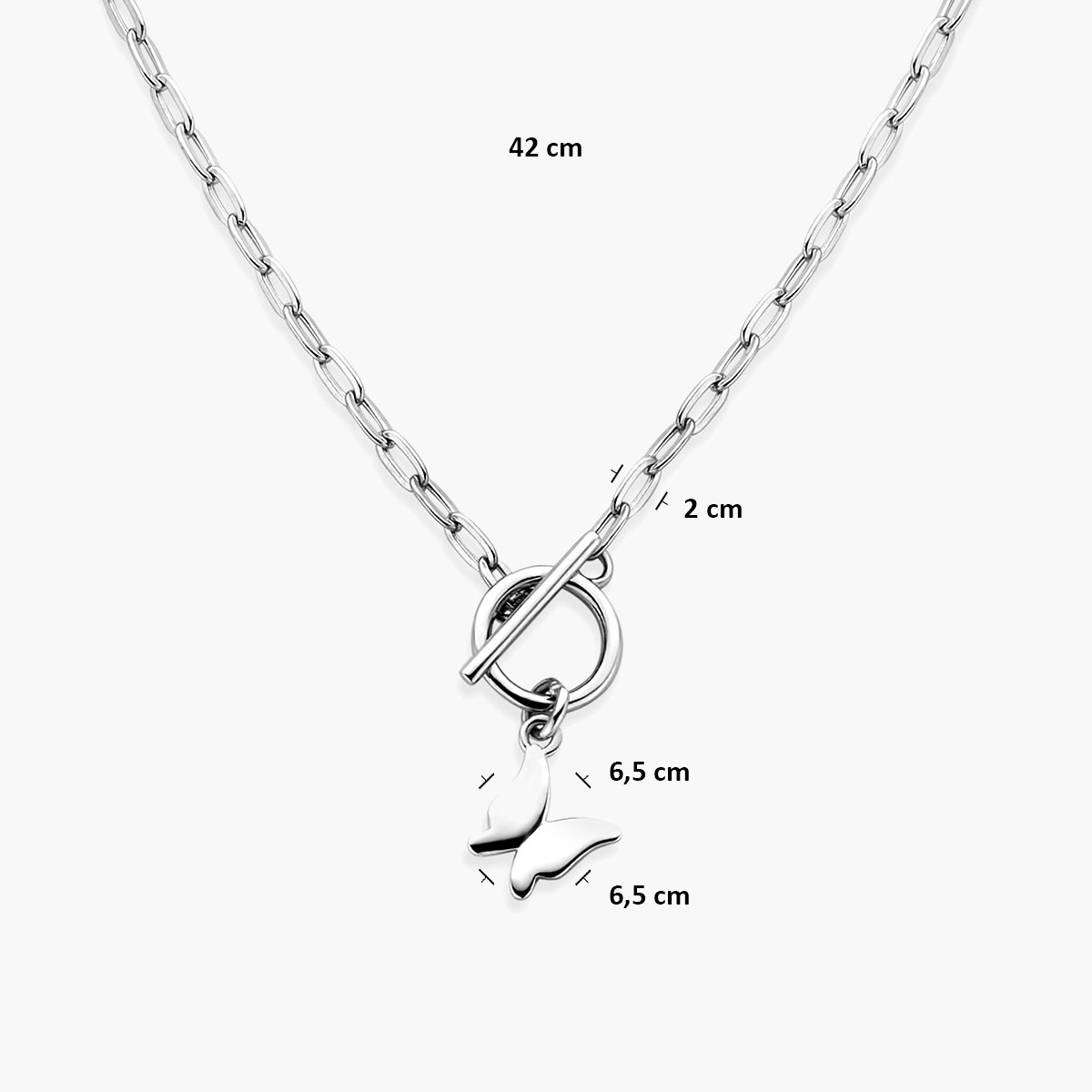 Zilveren ketting paperclip met vlinder bedeltje - afmetingen