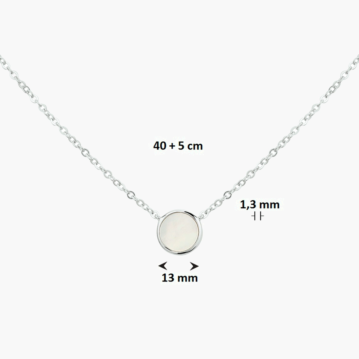 Zilveren ketting met parelmoer rondje - gerhodineerd 925 zilver - afmetingen