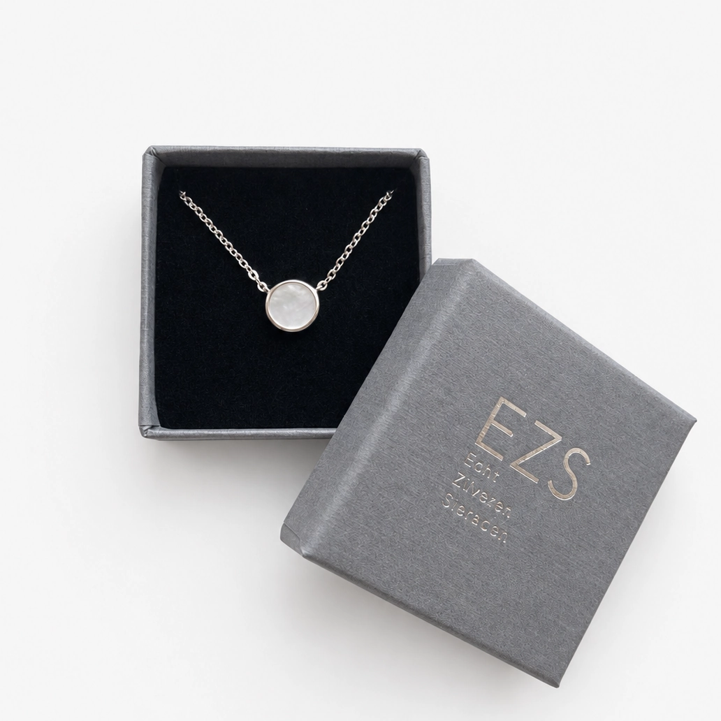 Zilveren ketting met parelmoer rondje - gerhodineerd 925 zilver - cadeaudoosje